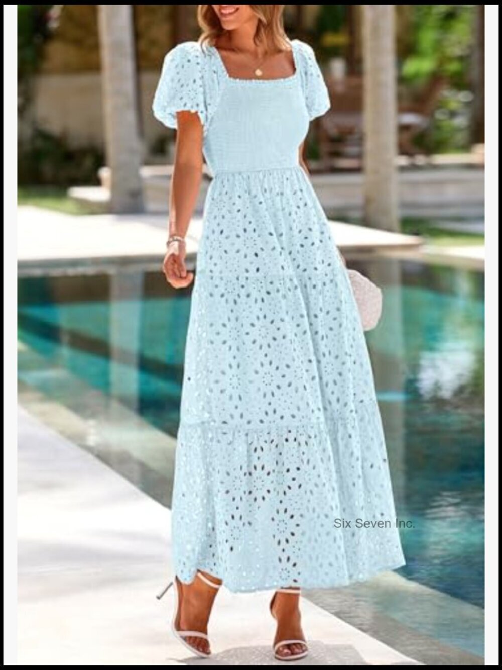 Cotton Eyelet Square Neck Puff Sleeve Smocked Maxi Dress with Pockets - Picture 4 of 7